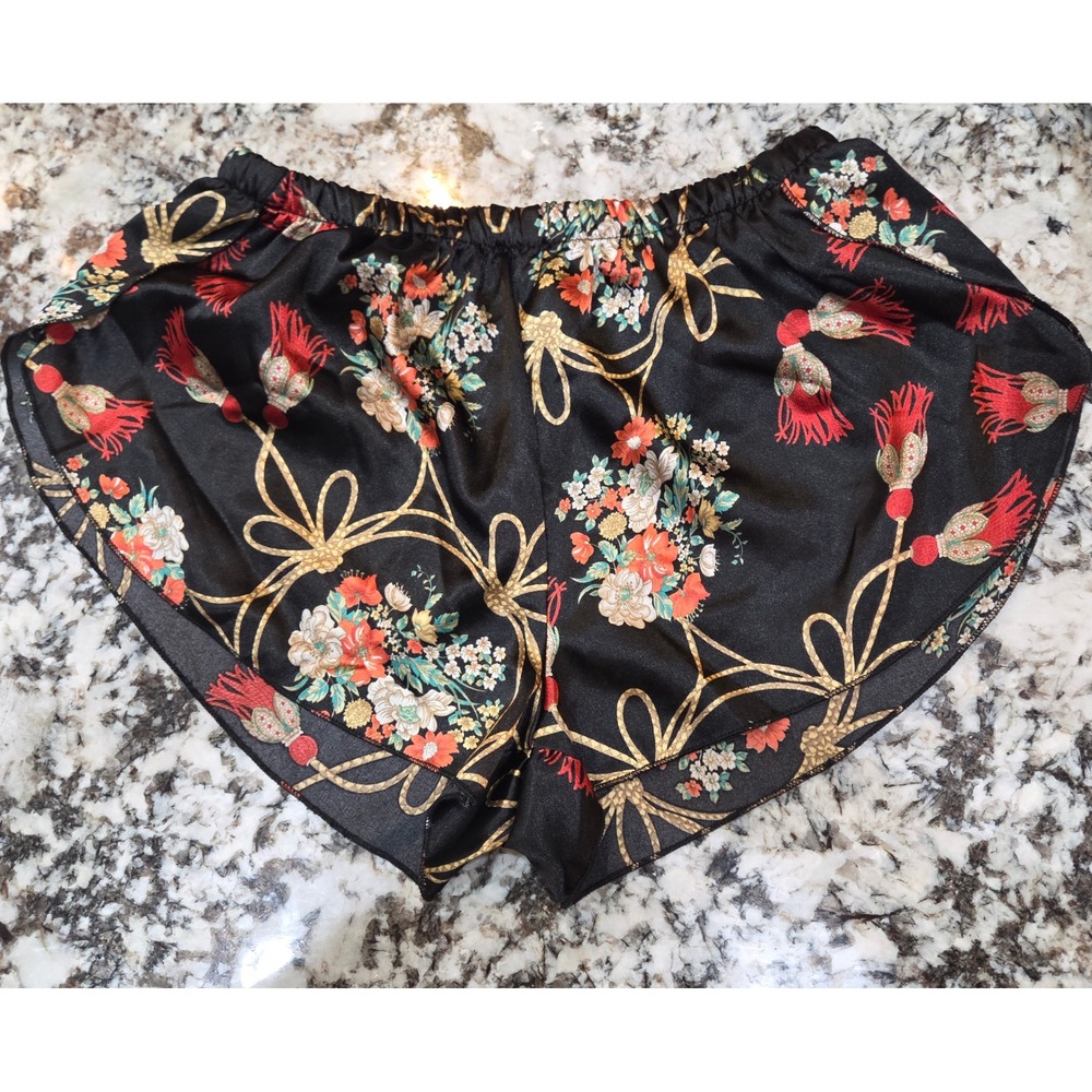 Shein Women Black Floral Print Satin Pajama Shorts Size L Baroque Sleepwear